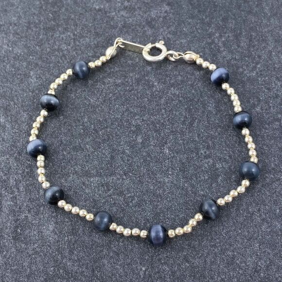 Vintage Jordan Sterling Silver 925 5mm Black Synthetic Cat's Eye Bracelet 6.5" - Picture 1 of 4